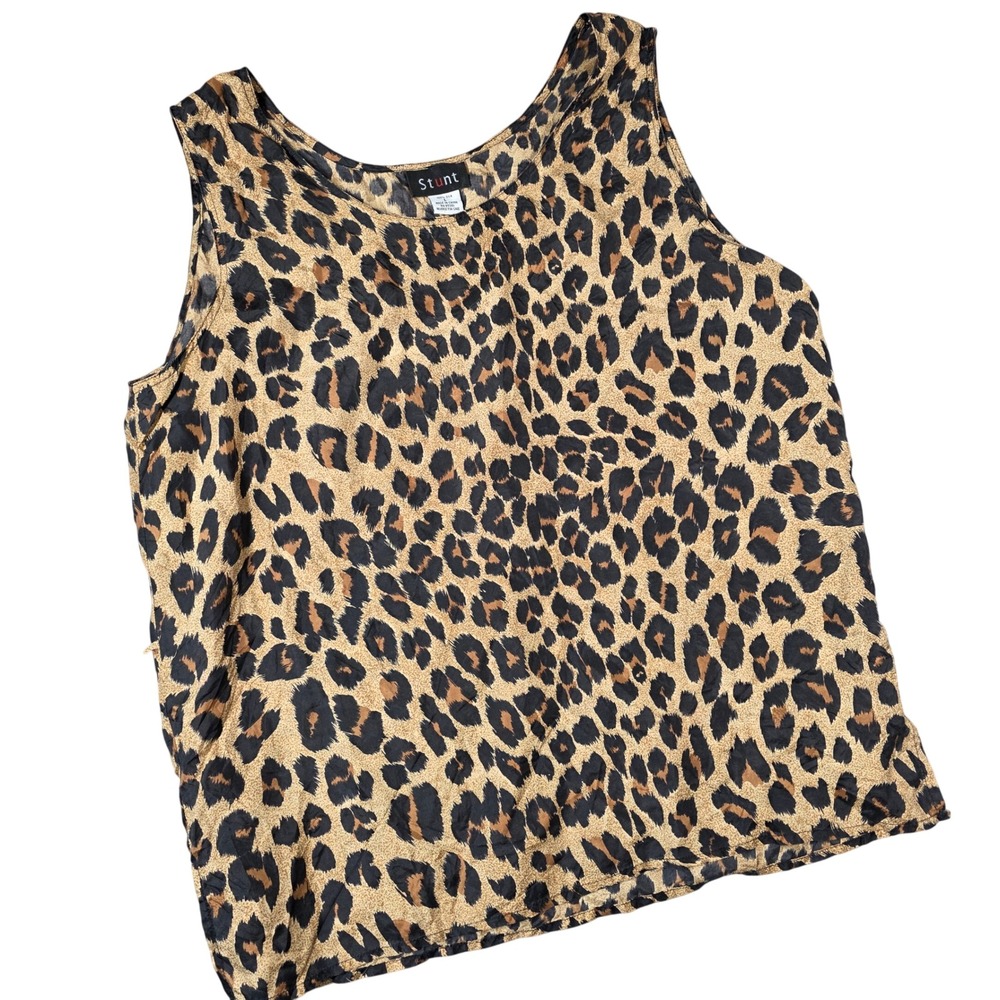 Vintage Stunt 100% Silk Tank Top Leopard Animal Print Large Brown Blouse Y2K